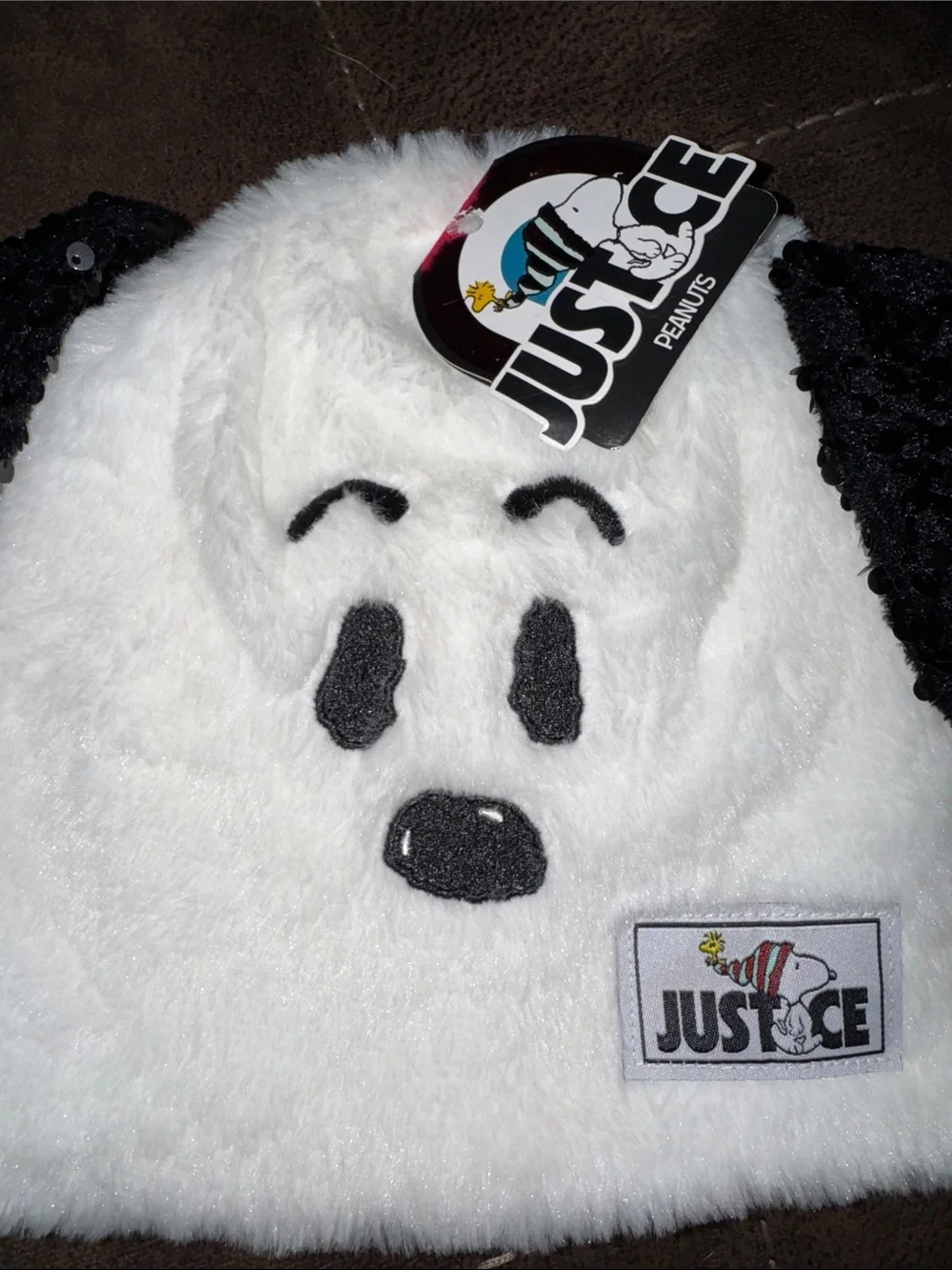 Peanuts x Justice White Plush snoopy Ear Hat with Black Sparkle Ears